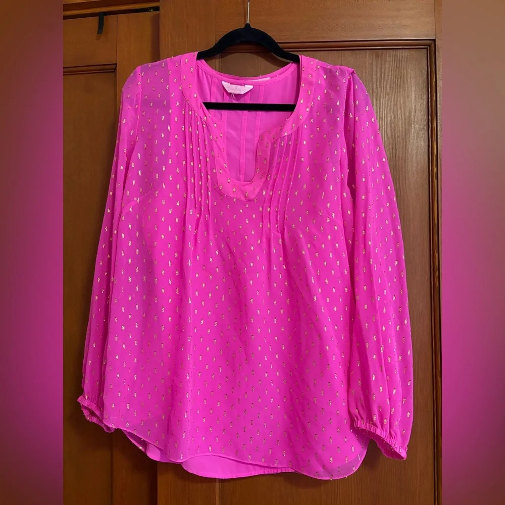 LILLY PULITZER HOT PINK AND METTALLIC GOLD COLBY SILK BLEND BLOUSE TOP L w CAMI - Picture 2 of 11